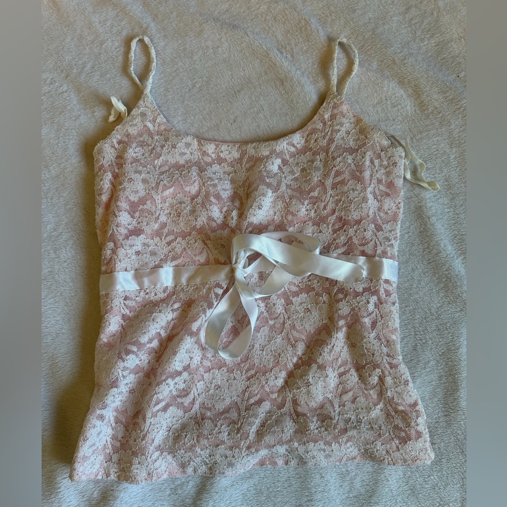 Kiwi Pink Lace Top with White Ribbon